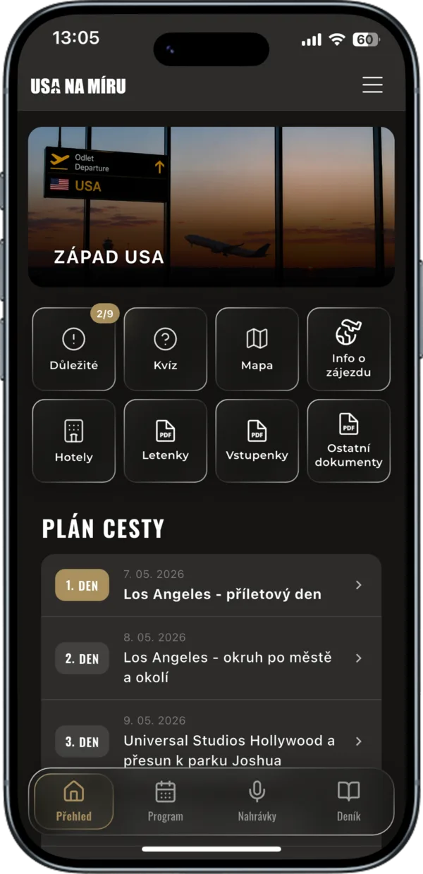 Přehled zájezdu s dokumenty a plánem cesty v aplikaci