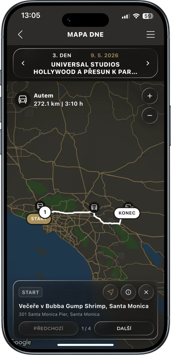 Mapa dne s trasou a navigací v aplikaci